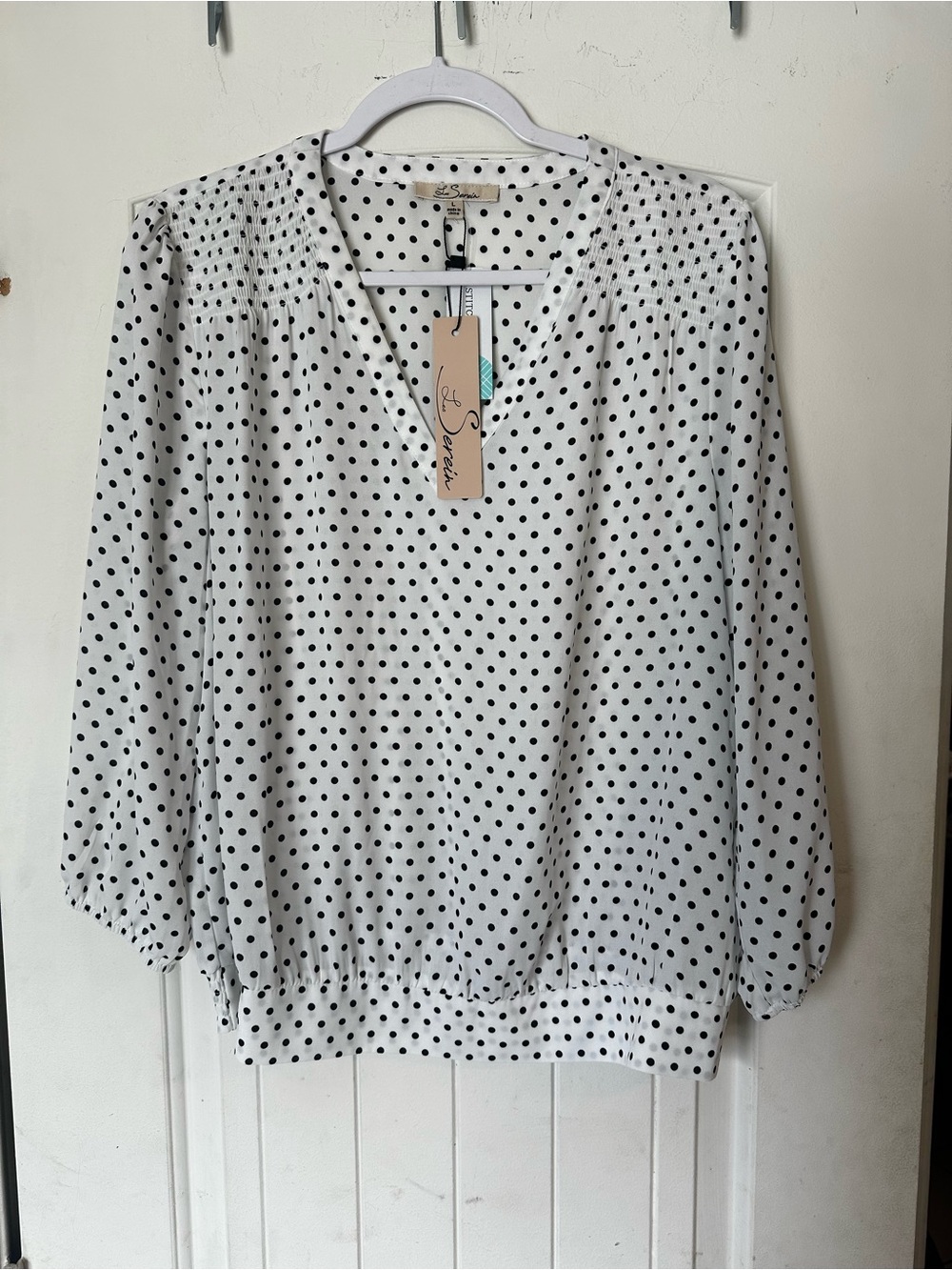 NWT Les Serein Tegan Polka Dot Smocked V-Neck Blouse - White/Black - Size L